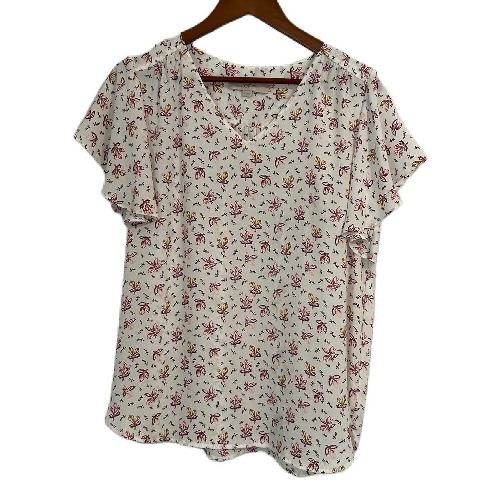 Loft Blouse Women M Ivory Brown Floral Leaf V Neck Office Cottage Boho Fairy
